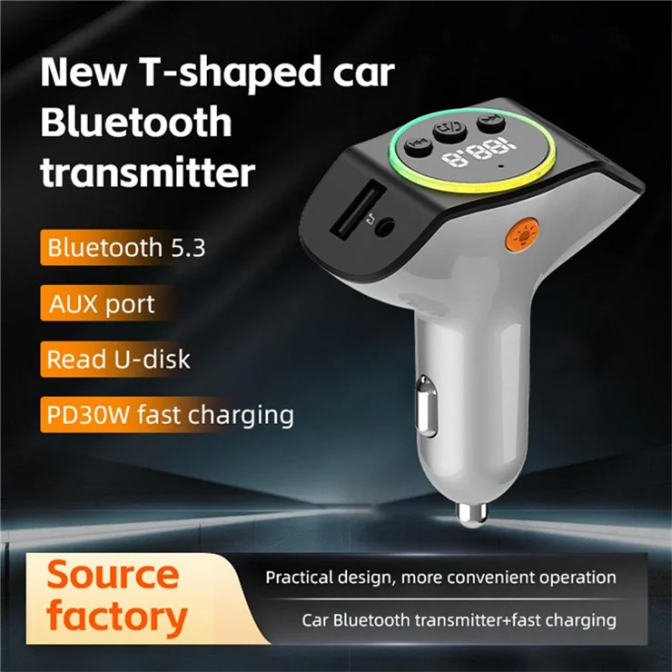 C8 Dual USB Port Car Charger Bluetooth-compatible 5.3 Receiver Hands-Free Calling with AUX Port - Grey