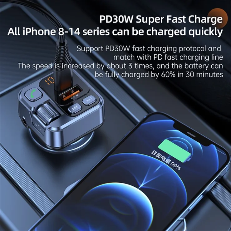 T16 PD 30W Car Charger Bluetooth-compatible MP3 Player FM Transmitter Charger Adapter with LED Screen