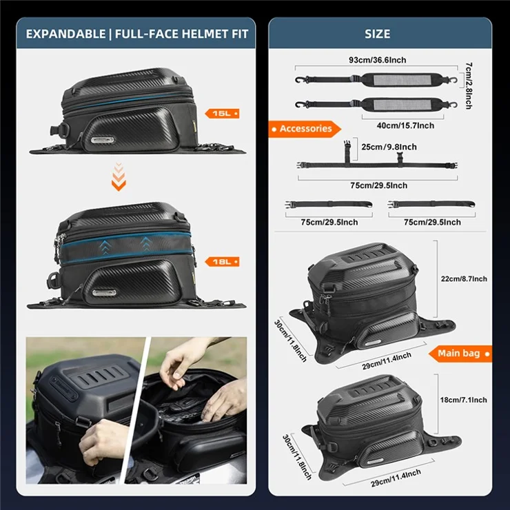 RHINOWALK MTR3001 EVA Hard Shell Expandable Motorcycle Tank Bag with Rubber Handle - Carbon Fiber Black