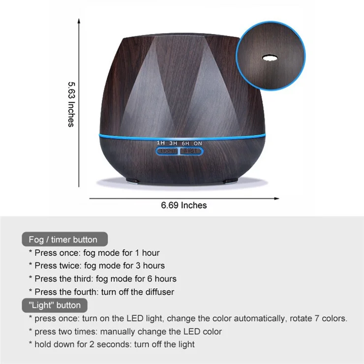 Wood Grain Aroma Diffuser Portable Fog Maker 550ml Silent Air Humidifier with LED Light Mist Sprayer Sleep Aid - EU Plug