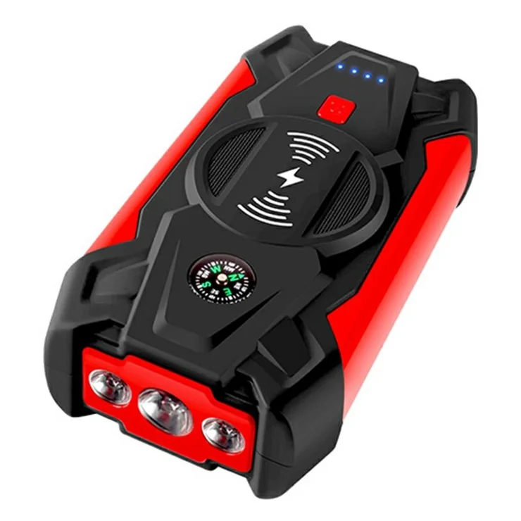 J13 LED Display Car Jump Starter 12V Car Emergency Starter 12000mAh Cell Phone Power Bank Support Wireless Charging (EU Plug) - Red