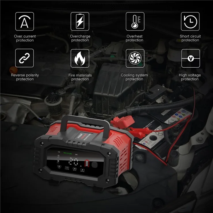 FOXSUR FPT-200 Large Screen Portable Battery Charger for 12V-24V Motorcycle Car - US Plug