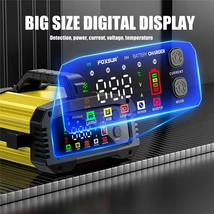 FOXSUR FPT-250 25A Portable Car Boat Motorcycle Battery Charger 8-Stage Charging Smart Charger - US Plug / Yellow