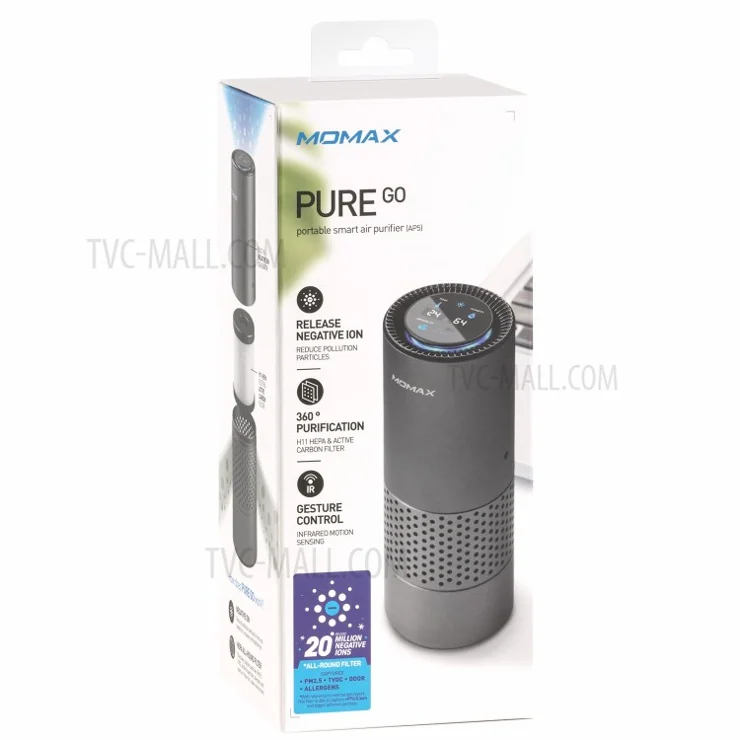 Momax Pure Go Tragbarer Smart Car Luftreiniger Mit H11 HEPA Aktiver Kohlenstofffilter Dunkelgrau