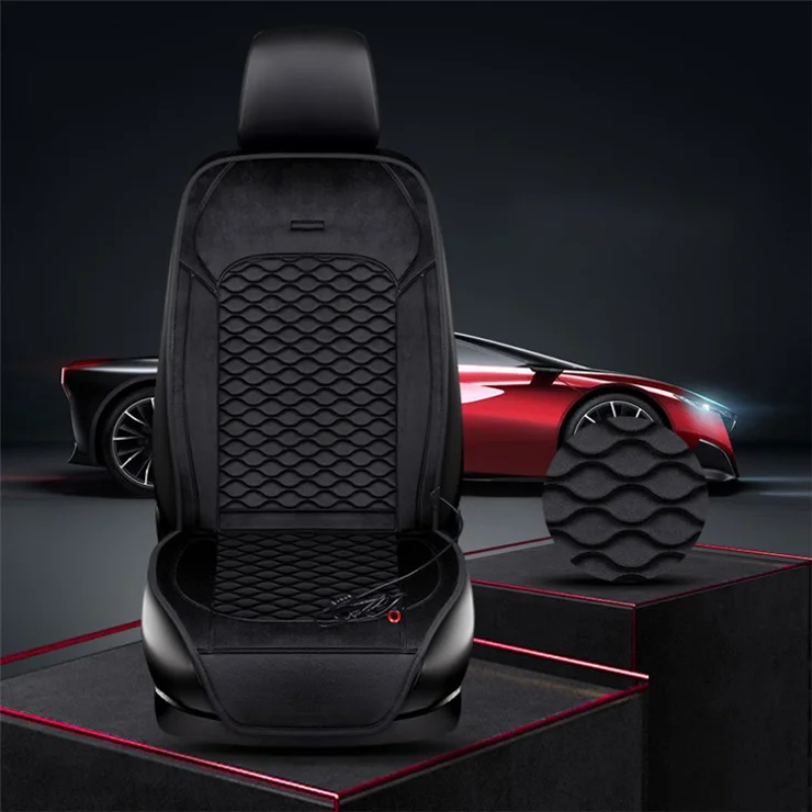 Car Winter Heated Short Plush Seat Cushion for 12V Car Electric Fast Heating Seat Cushion, Cigarette Lighter Power - Black
