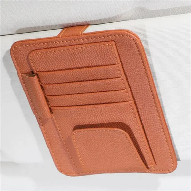 Car Sun Visor Storage Bag Litchi Texture PU Leather Cards Bills Glasses Holder - Beige