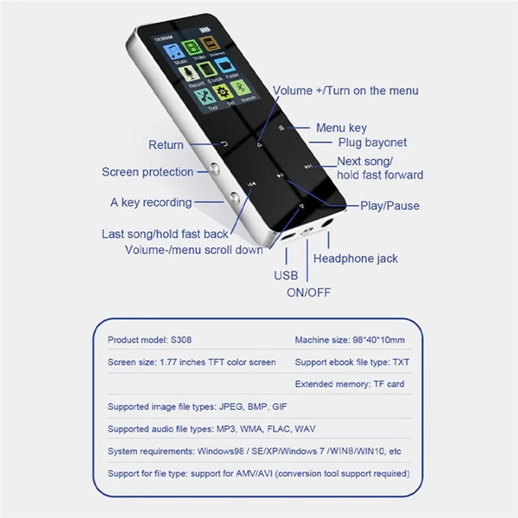 S308 16GB TF Card Touch Screen MP3 Sound Recorder Music Video MP4 Player with Dictionary + Bluetooth-compatible Function - Blue