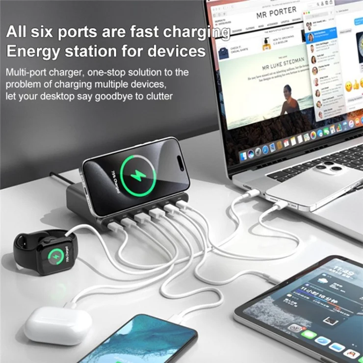 818D 160W 4 Type-C + 2 USB Portable GaN Desktop Charger Support Qi Wireless Charging - EU Plug