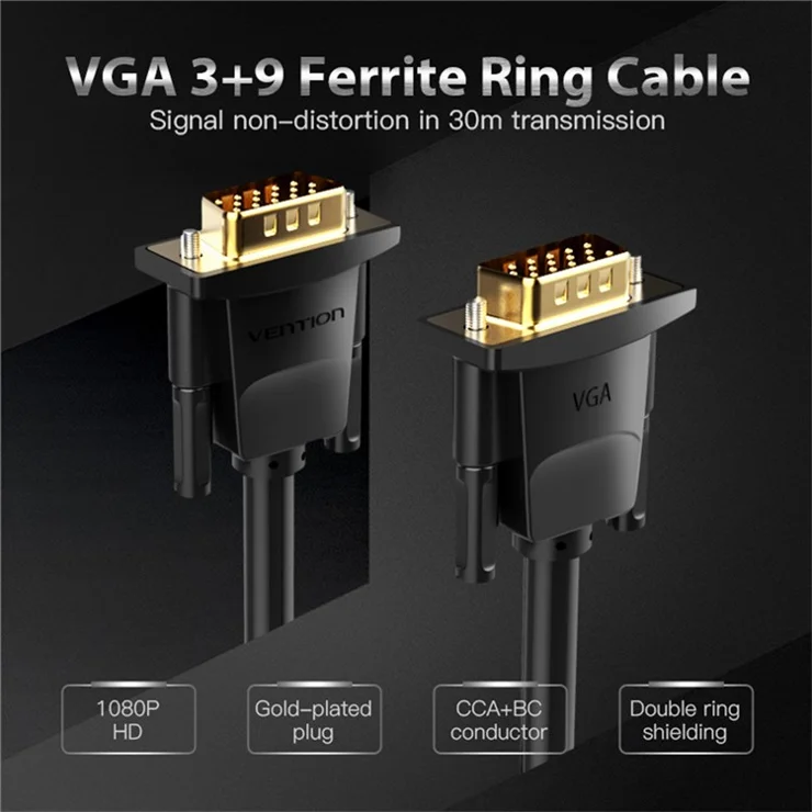 VENTION DADBN 15m VGA 3+9 Male to VGA Male Cable 1080P 60Hz HD PVC Cord - Black