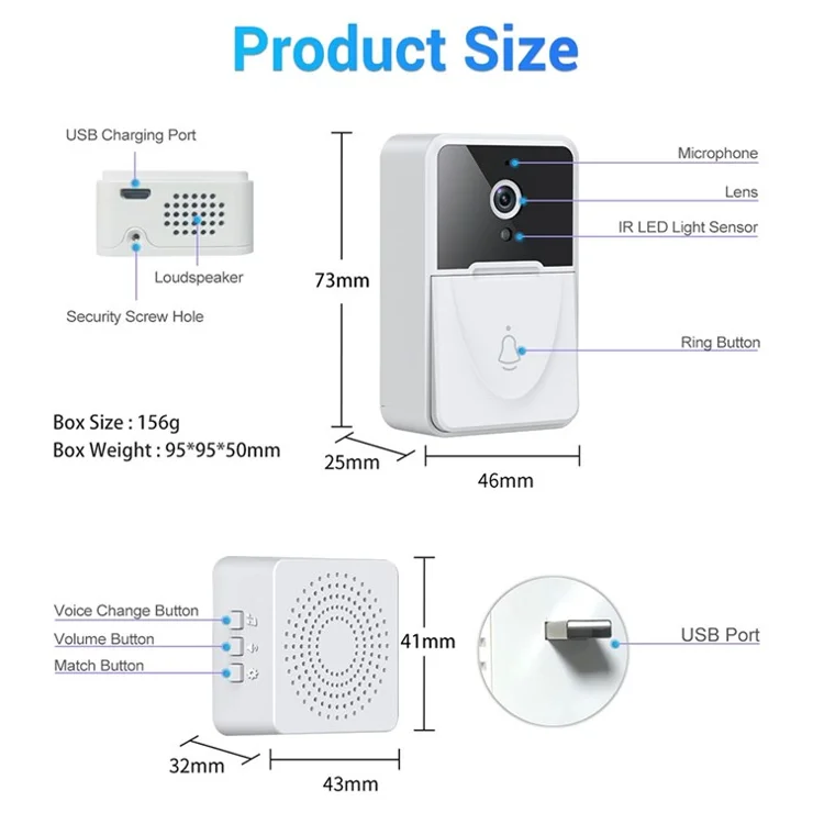 X3 Smart Doorbell Camera Mobile App Video Call Camera Monitor Voice Change Two-way Dialogue Snapshot Function Free Cloud Storage Smart Video Doorbell for Home Security