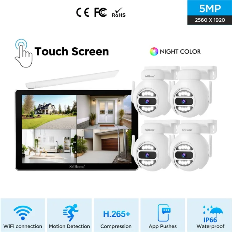 SRIHOME NVS010 1 to 4 Wireless Touch Screen 5MP HD Surveillance Camera NVR Video Recorder, EU Plug
