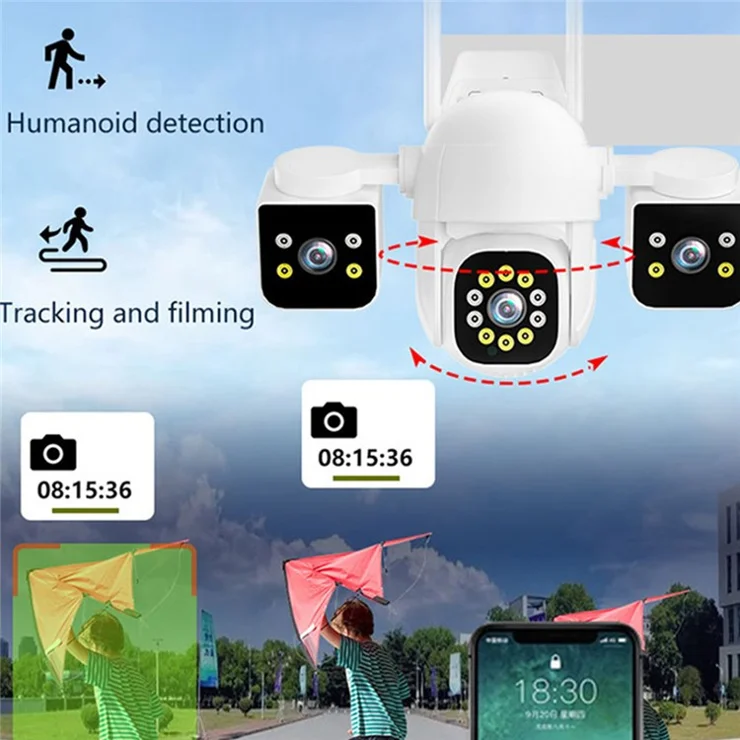 PC288-B3Y10-2MP Three-Screen WiFi Surveillance Camera Panoramic Rotation Night Vision HD Waterproof Camera with 64G TF Card - EU Plug