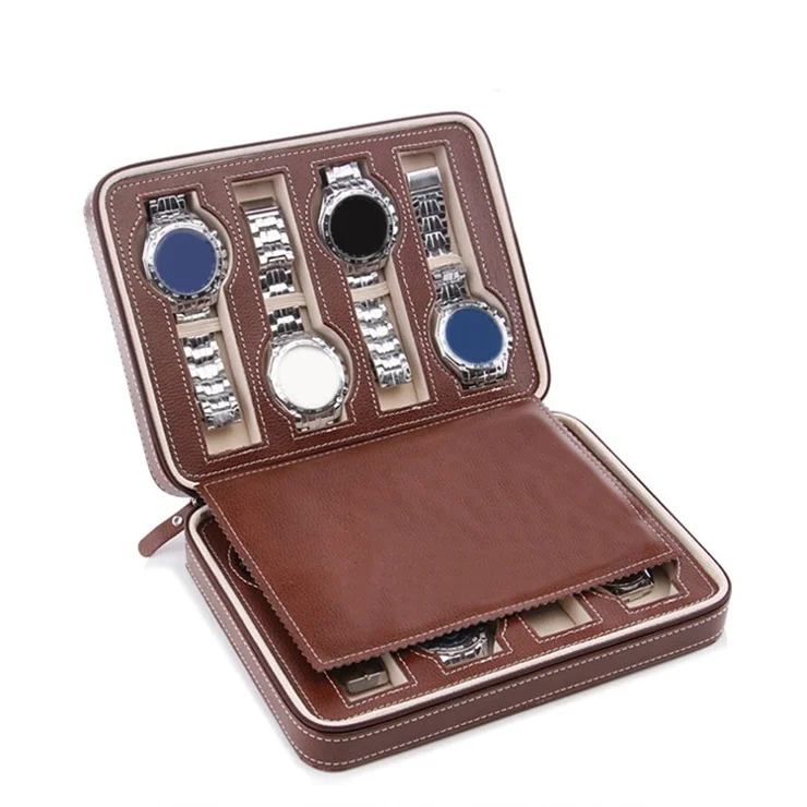 8 Grids Portable Watch Zipper Storage Bag Organizer Leather Watch Box - Brown