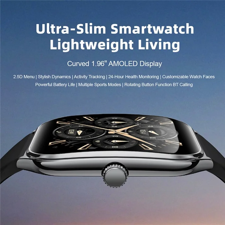 MT61 Ultra Thin Smart Watch 1.96 Inch AMOLED Curved Screen Bluetooth-Compatible Calling Health Monitor, Silicone Strap - Black