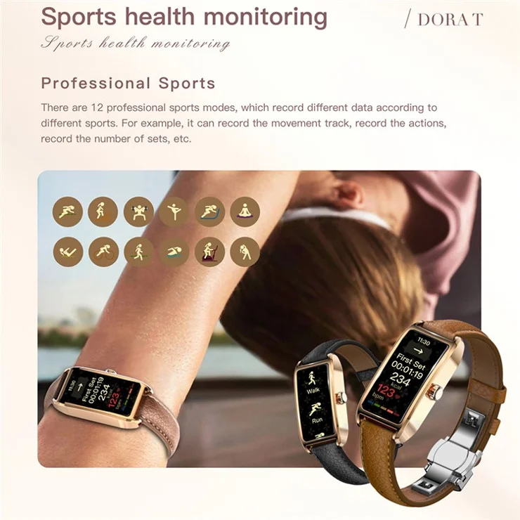 Dora T Smart Watch for Women Fitness Tracker IP68 Waterproof Heart Rate Monitor Smartwatch, Leather Band - Rose Gold Case / Dark Brown