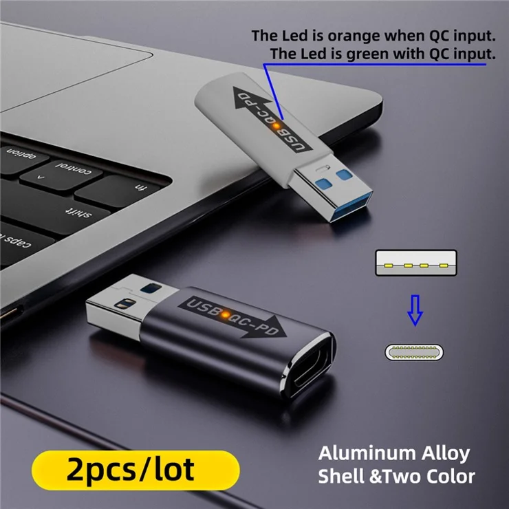 UC-167-QC 2PCS USB 2.0 QC Male to PD Type-C Female Adapters with LED Light