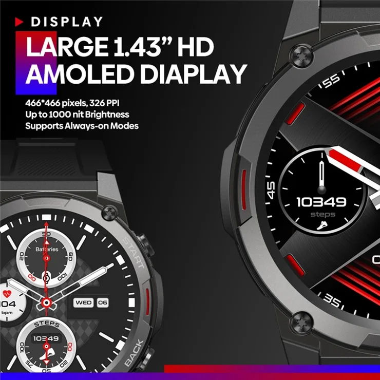 ZEBLAZE Vibe 7 Pro 1.43 Inch AMOLED Hi-Fi Phone Calls Military Grade Toughness Smart Watch - Black