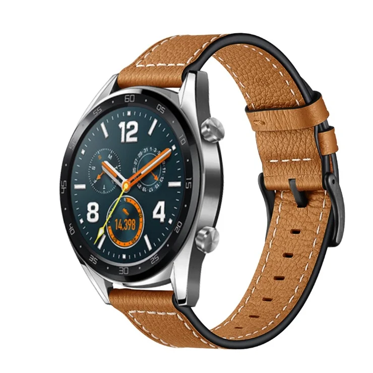 22mm Stitching Decor Genuine Leather Watch Strap Bracelet Wristband for Huawei Watch GT / Watch 2 / Watch Magic - Light Brown