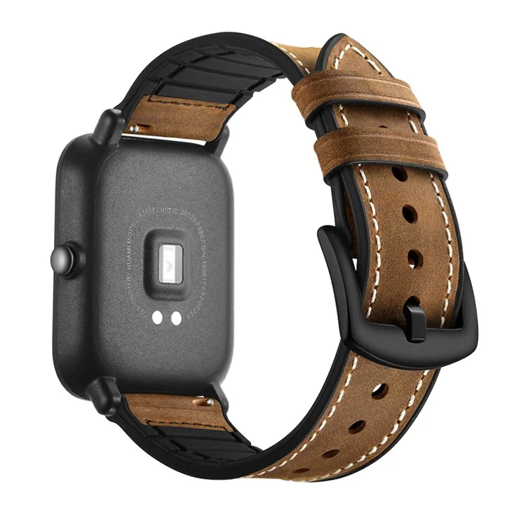 20mm Silicone Coated Leather Smart Watch Strap Replacement for Amazfit Huami Bip GTS Youth Smart Watch - Brown
