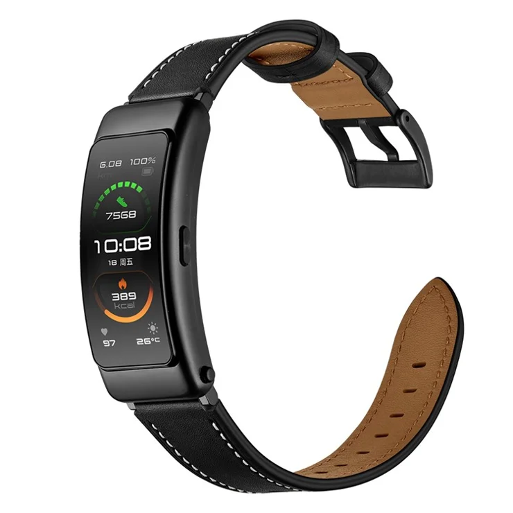 16mm Top Layer Cowhide Leather Watch Band Strap for Huawei TalkBand B3/B6 - Black