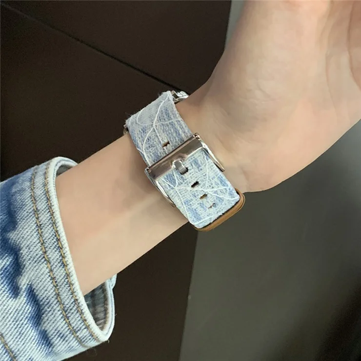 For Apple Watch Series 10 42mm / 9 8 7 41mm / SE (2023) SE (2022) SE 6 5 4 40mm / 3 2 1 38mm Replacement Strap Denim Watch Band - Baby Blue
