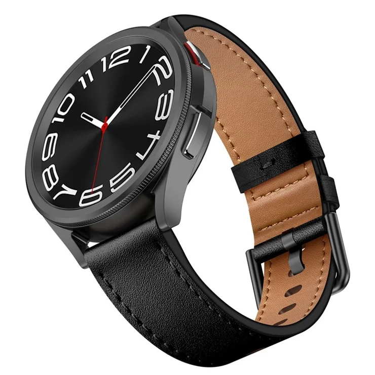 22mm Universal Smart Watch Replacement Strap Top Layer Cowhide Adjustable Wrist Band - Black