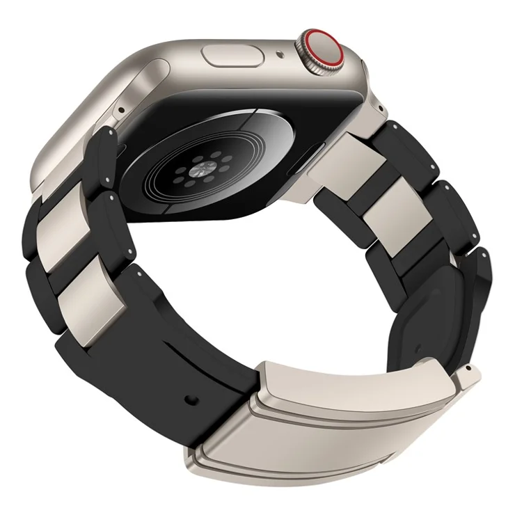 For Apple Watch 10 46mm / Ultra 2 / Ultra 49mm / 9 8 7 45mm / SE (2023) SE (2022) SE 6 5 4 44mm / 3 2 1 42mm Stainless Steel+Rubber Strap - Black / Starlight Buckle