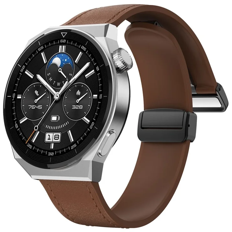 For Huawei Watch 4 / 4 Pro / GT 4 46mm Watch Strap 22mm Magnetic Leather Coated Silicone Band - Dark Brown