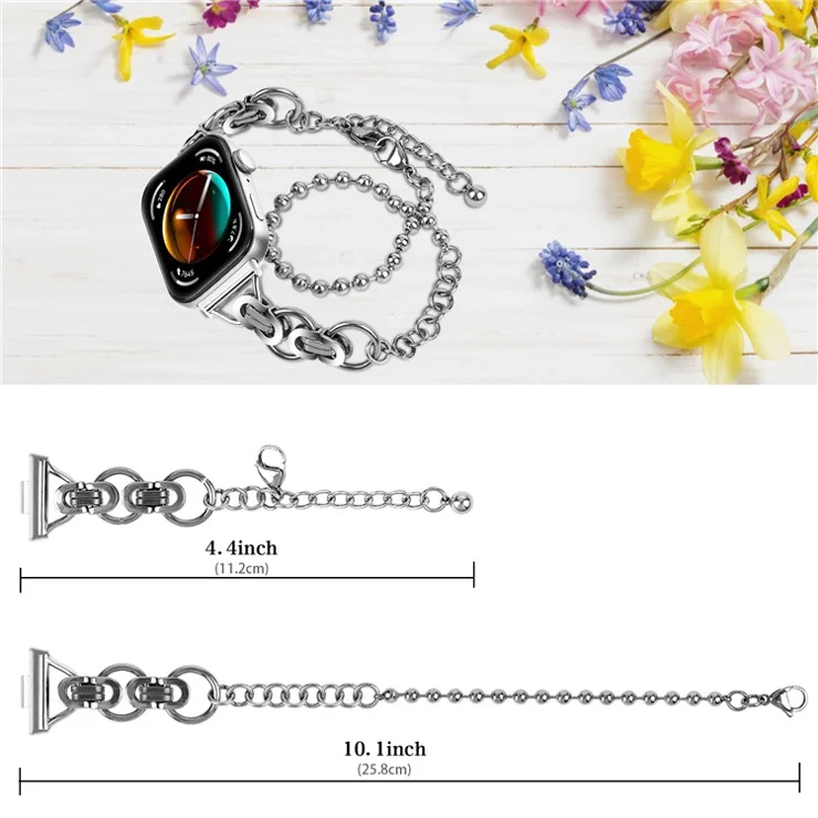 For Huawei Watch Fit 3 Dual Circle Stylish Smart Watch Strap Beaded Chain Alloy Bracelet - Silver