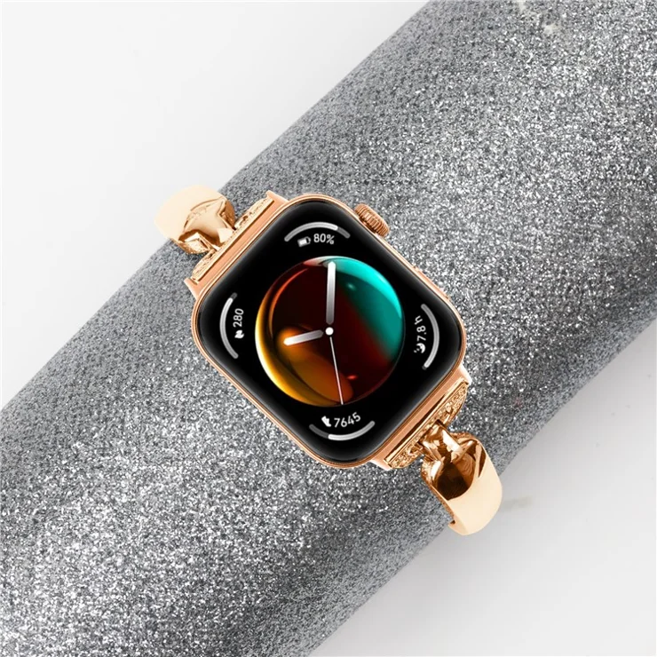 For Huawei Watch Fit 3 Watch Band Metal Wrist Bracelet with Rhinestone D-Shape Connector - Rose Gold