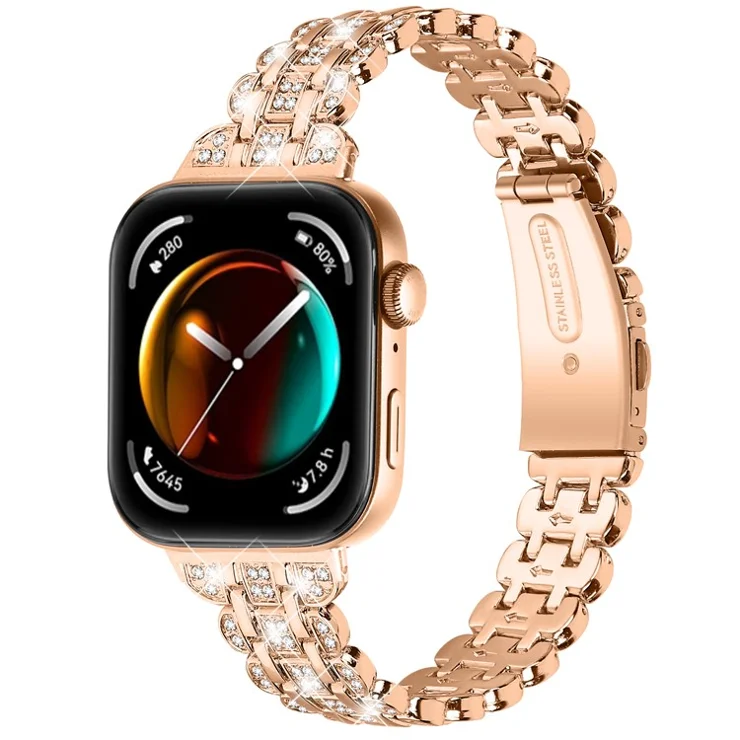 For Huawei Watch Fit 3 Metal Watch Strap Rhinestone Flower Style Band Bracelet - Rose Gold