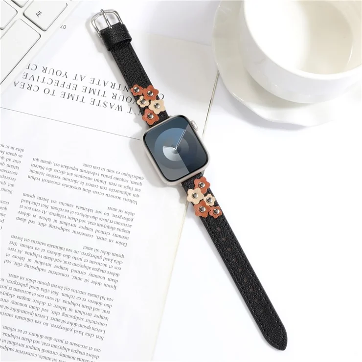 KALEBOL For Apple Watch Series 10 42mm / 9 8 7 41mm / SE (2023) SE (2022) SE 6 5 4 40mm / 3 2 1 38mm Genuine Cow Leather Watch Strap - Black