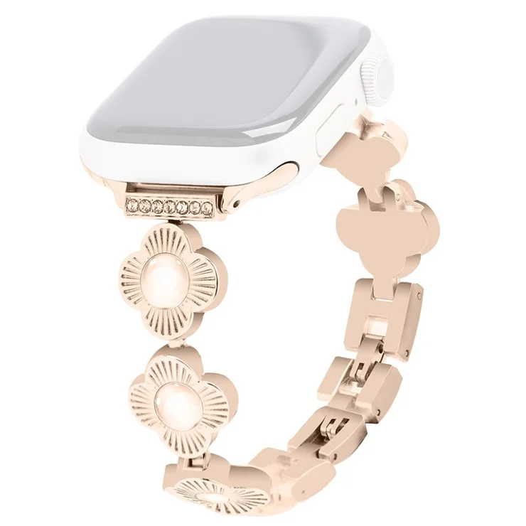 For Apple Watch 10 46mm / Ultra 2 / Ultra 49mm / 9 8 7 45mm / SE (2023) SE (2022) SE 6 5 4 44mm / 3 2 1 42mm Flower Design Metal Watch Strap - Rose Gold