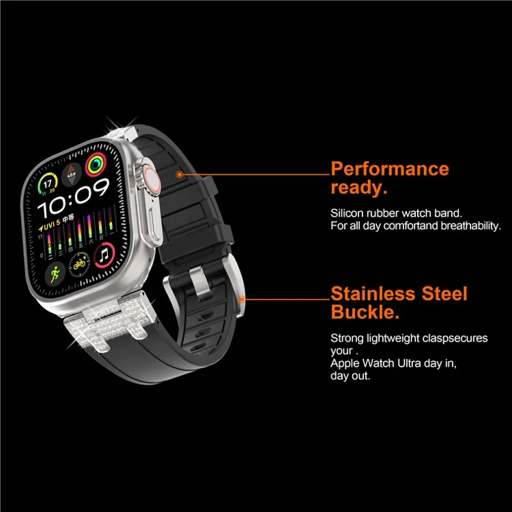For Apple Watch Series 10 42mm / 9 8 7 41mm / SE (2023) SE (2022) SE 6 5 4 40mm / 3 2 1 38mm Rhinestone Silicone Rubber Strap - White