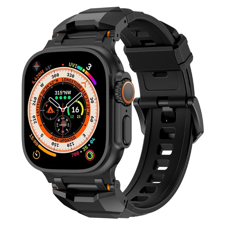 For Apple Watch 10 46mm / Ultra 2 / Ultra 49mm / 9 8 7 45mm / SE (2023) SE (2022) SE 6 5 4 44mm / 3 2 1 42mm Liquid Silicone Strap - Titanium+Black