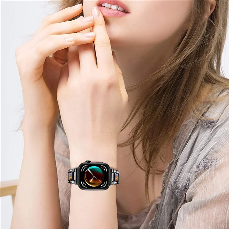 For Huawei Watch Fit 3 Metal Alloy Watch Band Rhinestones Resin Wristband Bracelet - Black+Rainbow
