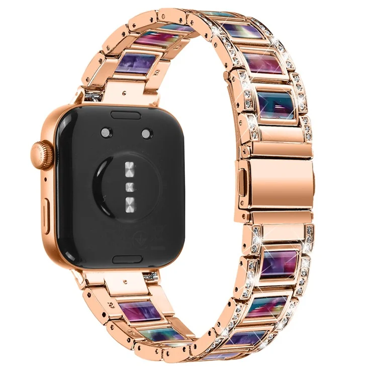 For Huawei Watch Fit 3 Metal Alloy Watch Band Rhinestones Resin Wristband Bracelet - Rose Gold+Purple Green Mix