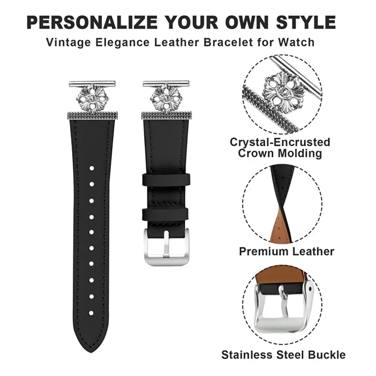 For TicWatch 2 Watch Band Genuine Cow Leather Flower Decor Adjustable Strap - Black