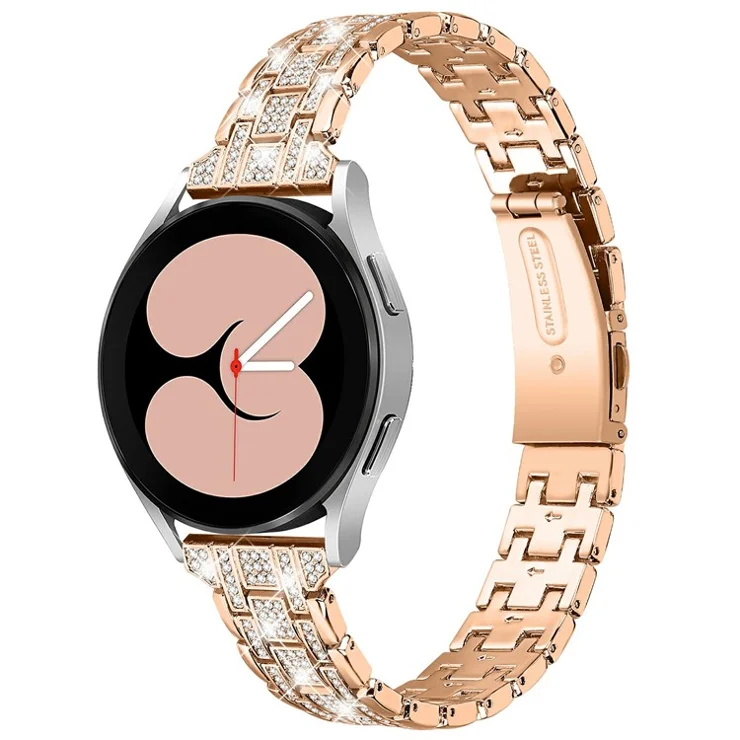 For Samsung Galaxy Watch7 44mm / 40mm Watch Band Rhinestone Decor Double Snap Smart Watch Strap - Rose Gold