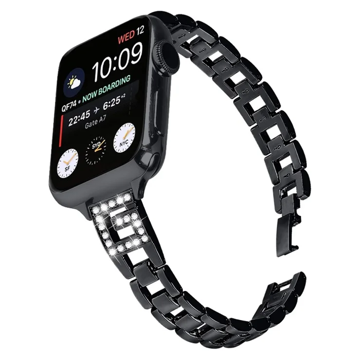 Strap for Apple Watch Series 10 46mm / Ultra 2 / Ultra 49mm / 9 8 7 45mm / SE (2023) SE (2022) SE 6 5 4 44mm / 3 2 1 42mm G-shape Rhinestone Band - Black