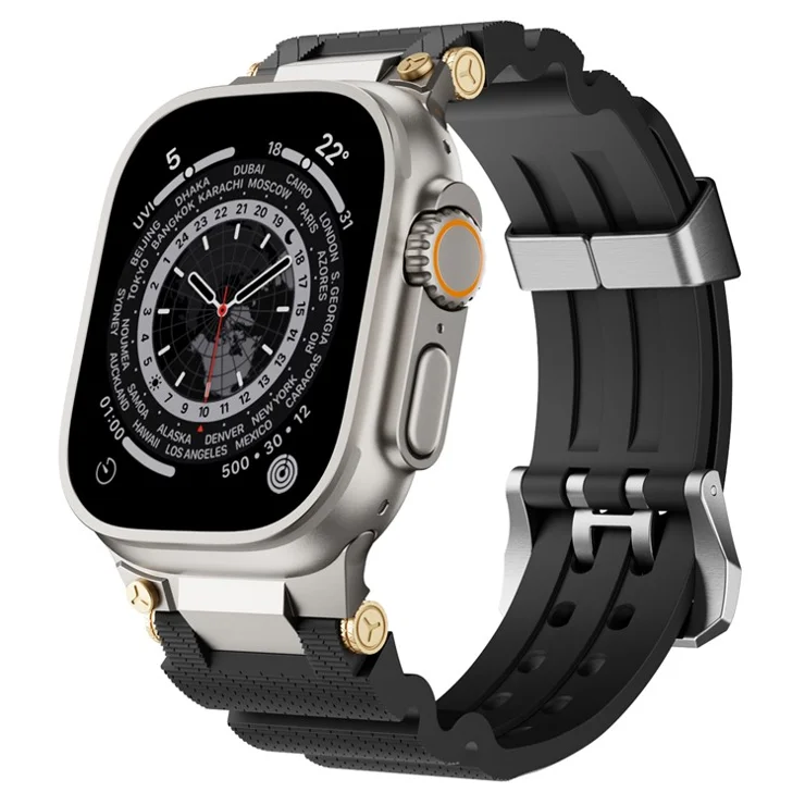 Silicone Strap for Apple Watch Series 10 46mm / Ultra 2 Ultra 49mm / 9 8 7 45mm / SE (2023) SE (2022) SE 6 5 4 44mm / 3 2 1 42mm with Silver Buckle and Connector - Black