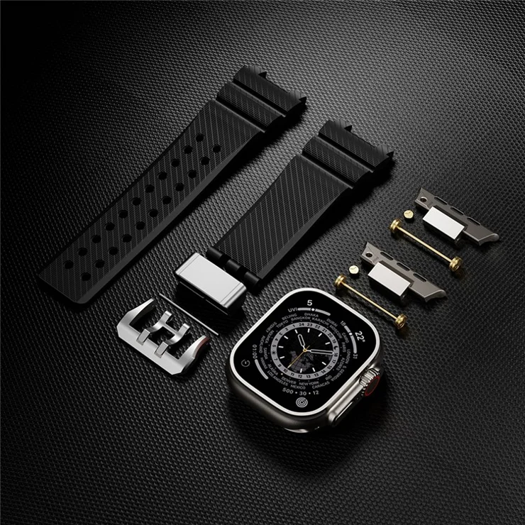 Silicone Strap for Apple Watch Series 10 46mm / Ultra 2 Ultra 49mm / 9 8 7 45mm / SE (2023) SE (2022) SE 6 5 4 44mm / 3 2 1 42mm with Silver Buckle and Connector - Black
