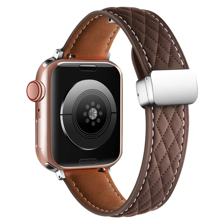 Leather Watch Band For Apple Watch Series 9 8 7 41mm / SE (2023) SE (2022) SE 6 5 4 40mm / 3 2 1 38mm Rhombus Texture Strap with Folding Buckle - Coffee