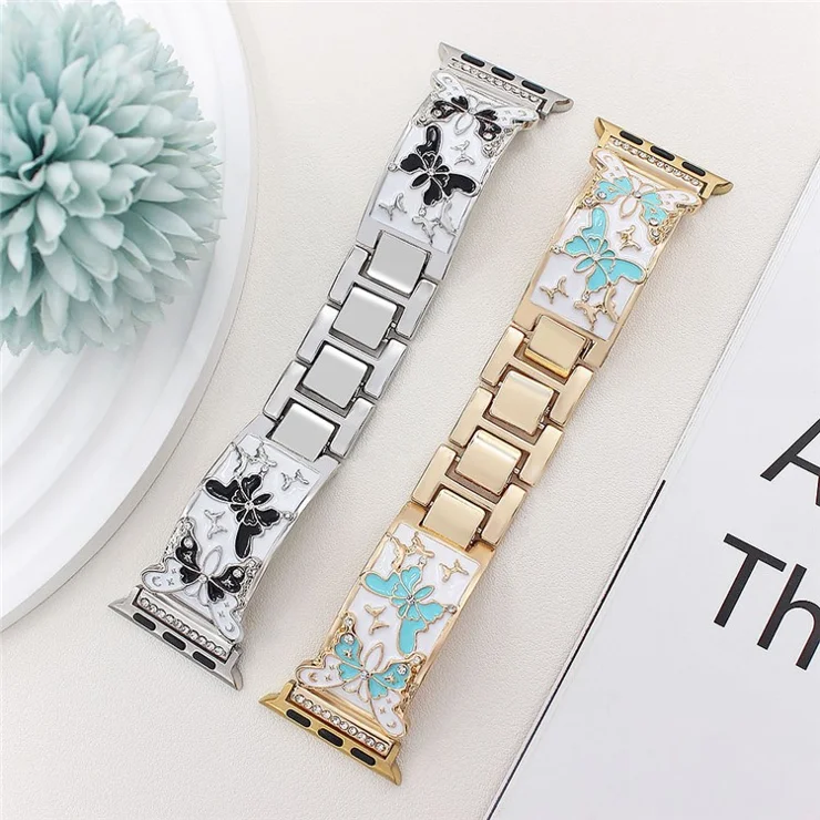 Watch Strap for Apple Watch Series 10 Ultra 9 8 7 SE 6 5 4 3 2 1 46mm 49mm 45mm 44mm 42mm Enamel Butterfly Metal Band - Gold