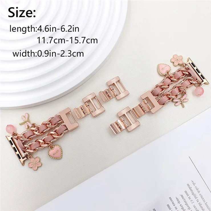 Watch Strap for Apple Watch Series 10 9 8 7 SE 6 5 4 3 2 1 42mm 41mm 40mm 38mm Alloy+Leather Band with Butterfly and Flower Pendant - Rose Gold