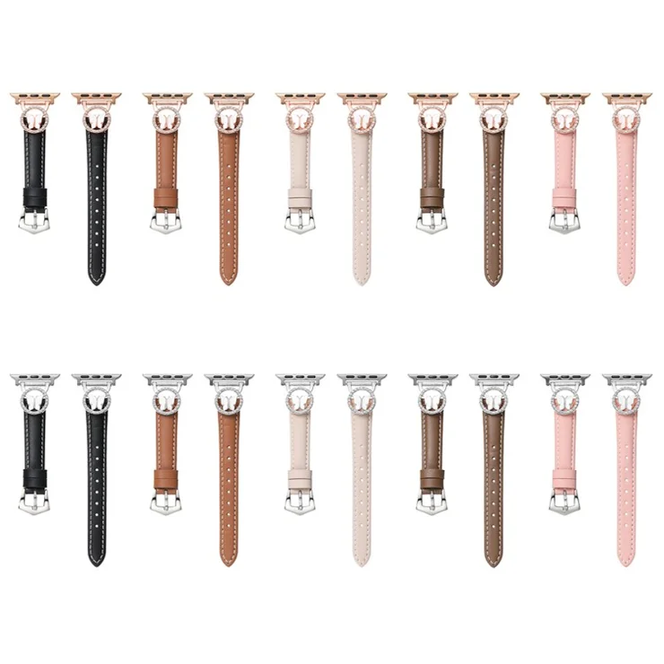 Leather Strap for Apple Watch Series 10 9 8 7 SE 6 5 4 3 2 1 42mm 41mm 40mm 38mm Rhinestone Butterfly Band - Beige+Rose Gold Buckle