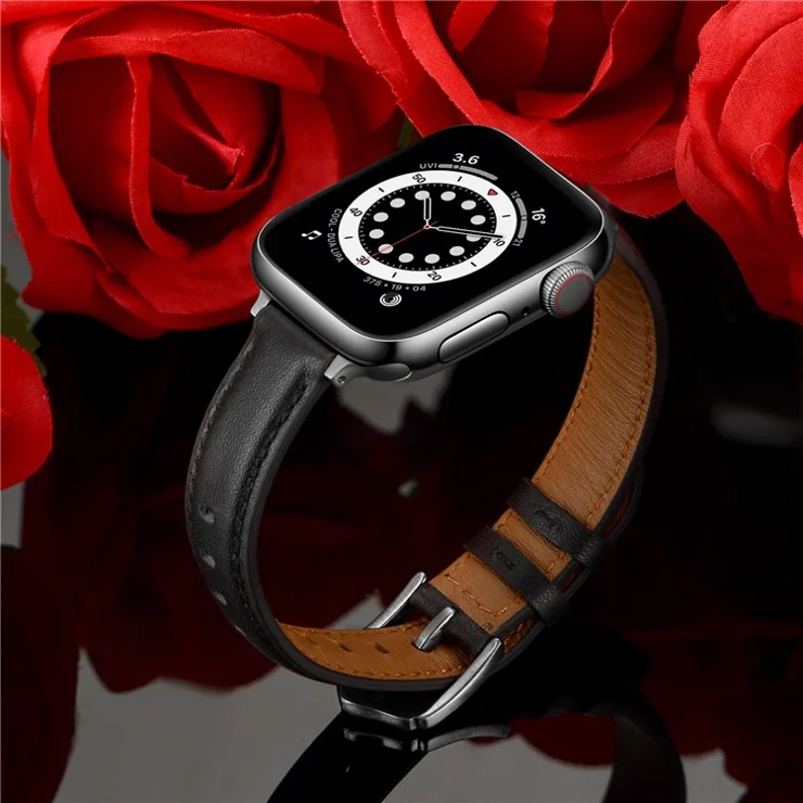 Bulk Purchasing Genuine Cow Leather Slim Watch Strap for Apple Watch Series 10 9 8 7 SE 6 5 4 3 2 1 42mm 41mm 40mm 38mm - Black+Silver Buckle