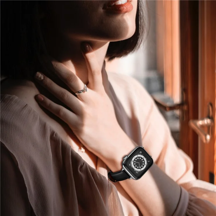 Bulk Purchasing Genuine Cow Leather Slim Watch Strap for Apple Watch Series 10 9 8 7 SE 6 5 4 3 2 1 42mm 41mm 40mm 38mm - Black+Silver Buckle
