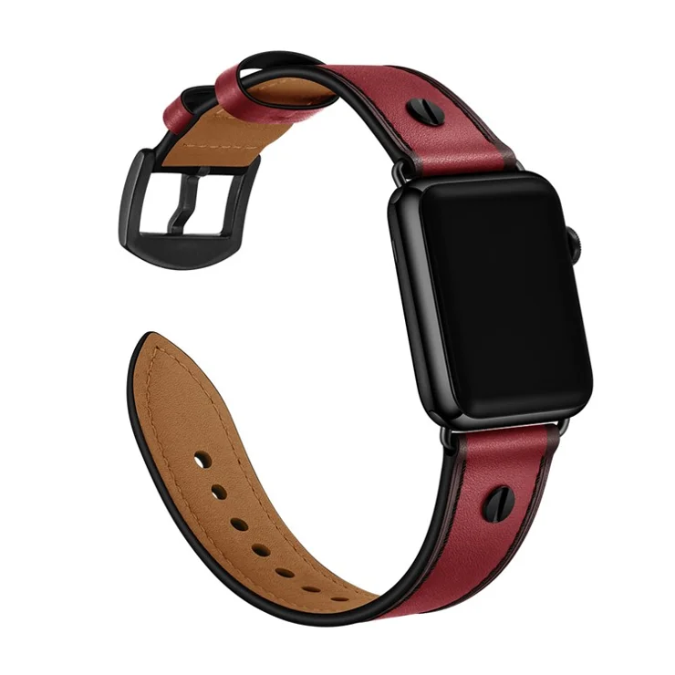 Bulk Purchasing Watchband For Apple Watch Series 10 9 8 7 SE 6 5 4 3 2 1 42mm 41mm 40mm 38mm Leather Strap Rivet Decor - Red