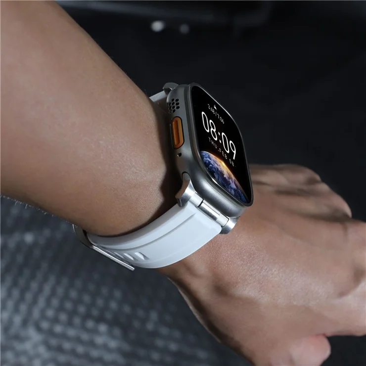 LEMONDA Watch Bands For Apple Watch Series 10 Ultra 9 8 7 SE 6 5 4 3 2 1 46mm 49mm 45mm 44mm 42mm Silicone Strap - White+Silver Connector